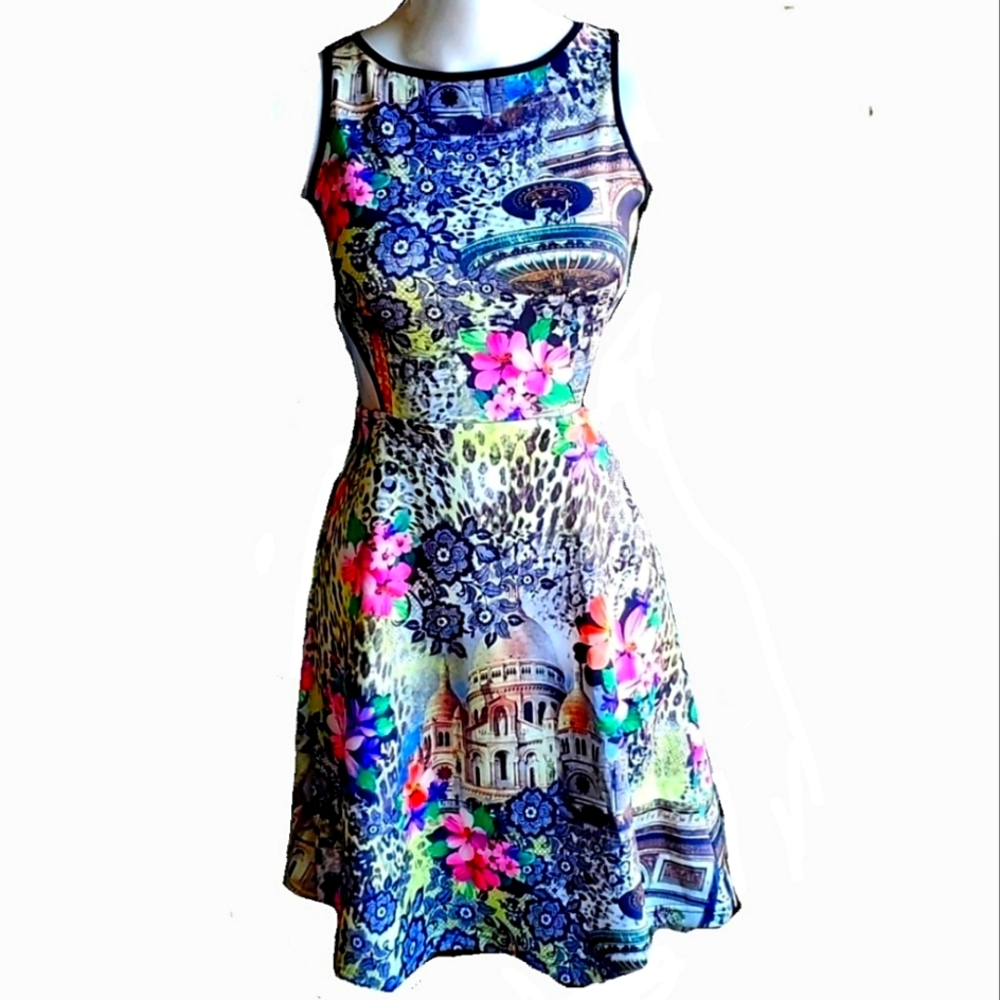 Just Love Scuba Open Sides Floral Stretch Knit Dress Colorful Size Small